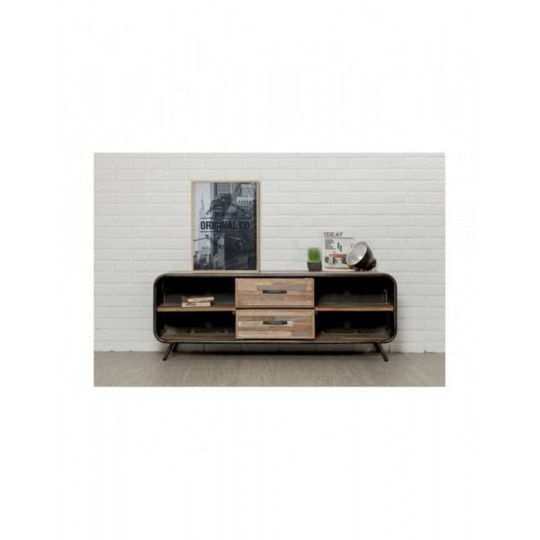 INDUS-FUSION-MEUBLETV-2T4N Meuble TV FUSION 2 tiroirs 4 niches - Teck recyclé