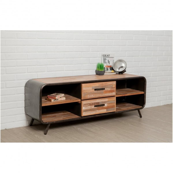 INDUS-FUSION-MEUBLETV-2T4N Meuble TV FUSION 2 tiroirs 4 niches - Teck recyclé