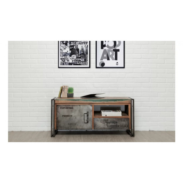 INDUS-LOFT-MEUBLETV-1P1N1T Meuble TV LOFT 1 porte 1 niche 1 tiroir - Teck recyclé