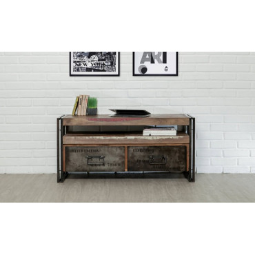 INDUS-LOFT-MEUBLETV-2T Meuble TV LOFT 1 étagère 2 tiroirs - Teck recyclé