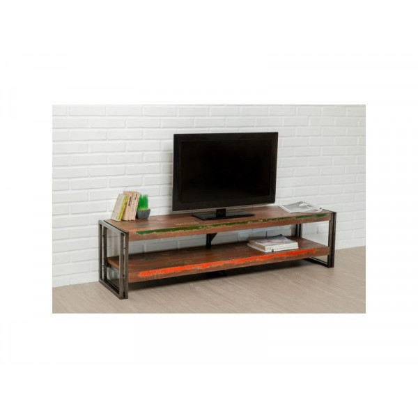 INDUS-LOFT-MEUBLETV-160 Meuble TV LOFT 160 cm doubles plateaux - Teck recyclé