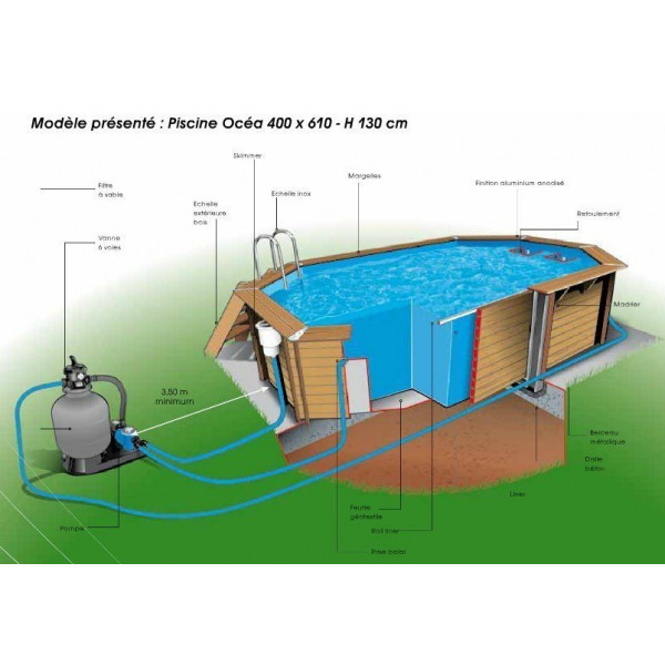 Piscine Océa 610 x 400 x 130 cm liner bleu